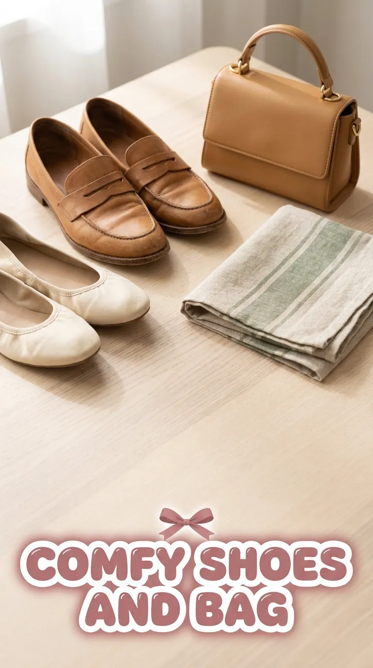 Tan leather loafers, cream ballet flats, and a small structured bag arranged on a pale wood table