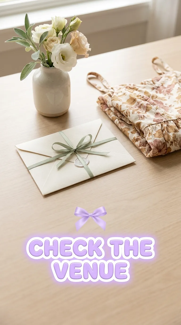 Pale wood tabletop with a sealed cream envelope, a small bouquet and a folded floral sundress