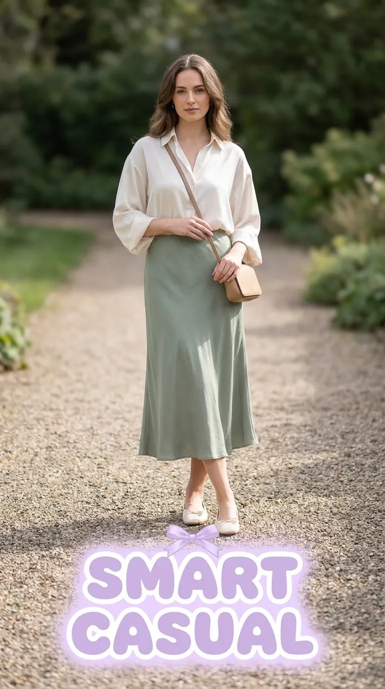 Woman in a soft blouse tucked into a flowy midi skirt with ballet flats, standing on a garden path