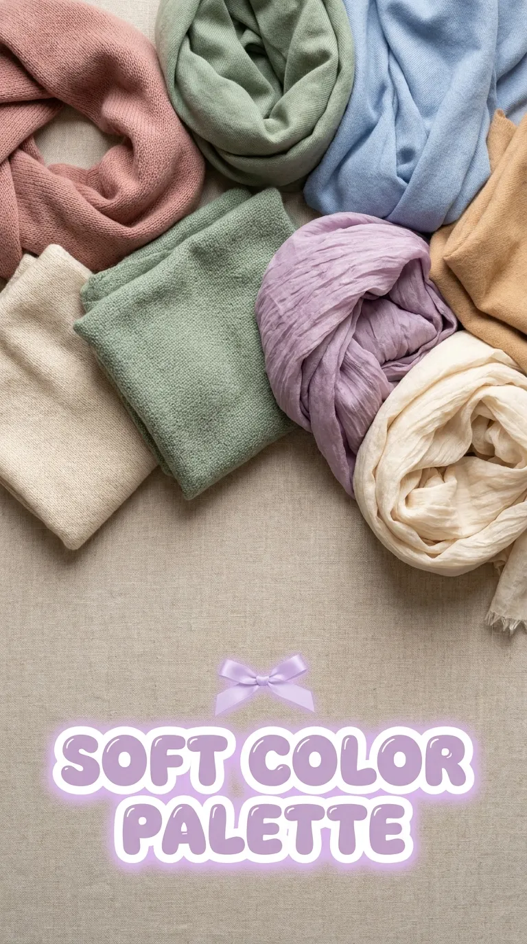 Overhead flat lay of folded scarves and fabric swatches in dusty rose, sage green, soft blue and cream on a linen surface
