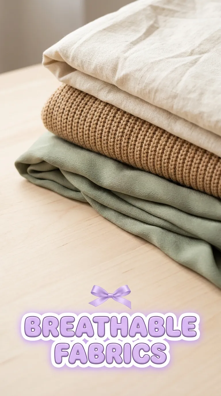 Close-up of folded linen, a cotton knit and a flowy crepe fabric showing their different textures on a pale wood surface