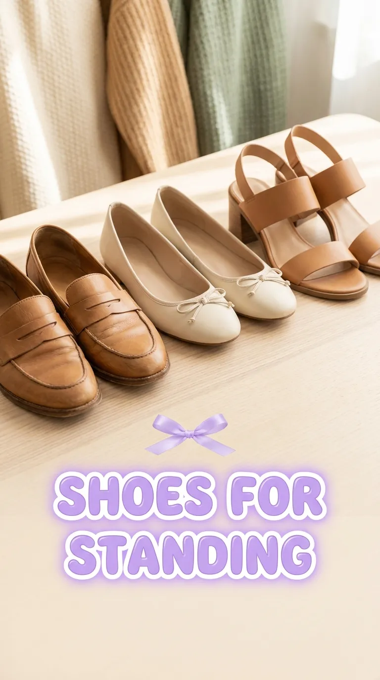 A row of three pairs of shoes, a tan loafer, a cream ballet flat and a block-heel sandal, lined up side by side on a pale wood tabletop