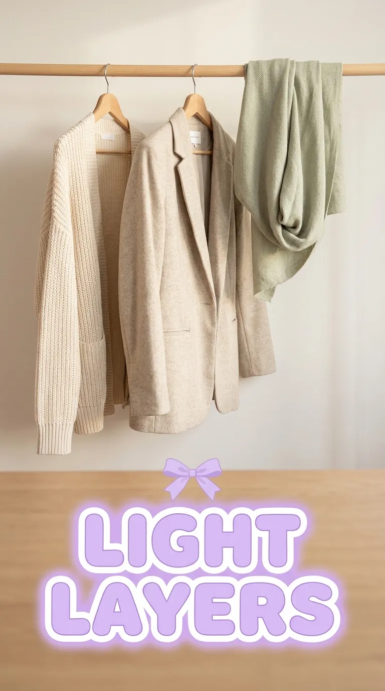A cream cardigan and a soft unstructured blazer on wooden hangers against a plain wall, with a light wrap draped over a rail