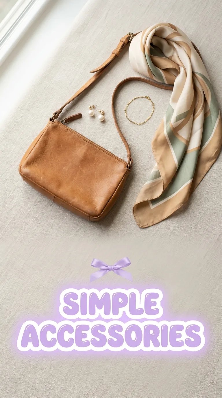 Overhead flat lay of a small crossbody bag, pearl stud earrings, a thin gold bracelet and a light silk scarf on a linen surface