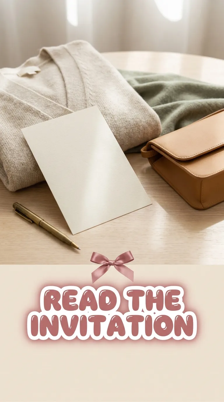 Blank cream invitation card with a pen, folded cardigan and small clutch on a pale wood table