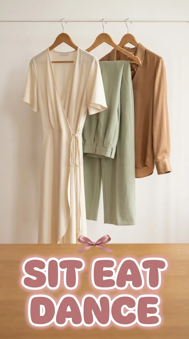 Wrap dress and wide-leg trousers with a silk-look blouse hanging on wooden hangers against a plain wall