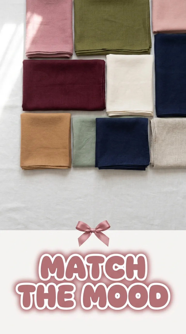 Scarves and fabric swatches in rose, olive, burgundy, cream and navy arranged on a neutral surface