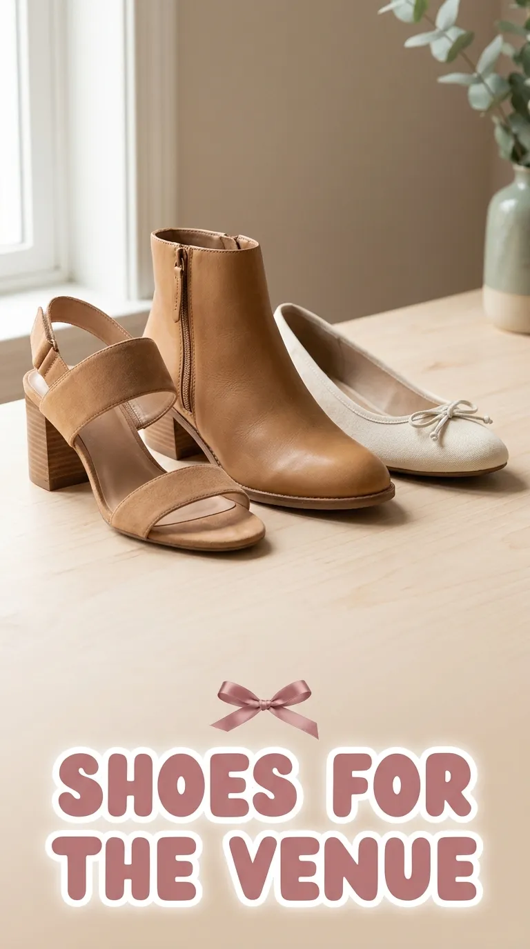 Row of three pairs of shoes: a block-heel sandal, an ankle boot and a cream ballet flat on a pale wood table