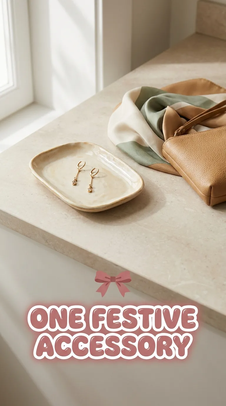 Ceramic tray with drop earrings, a silk scarf and a small clutch on a pale wood table