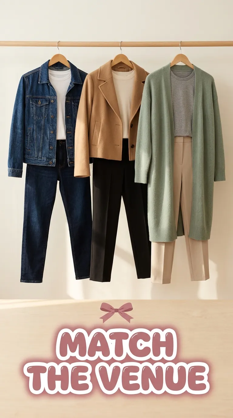 Three concert outfit options hanging side by side on a wooden rail