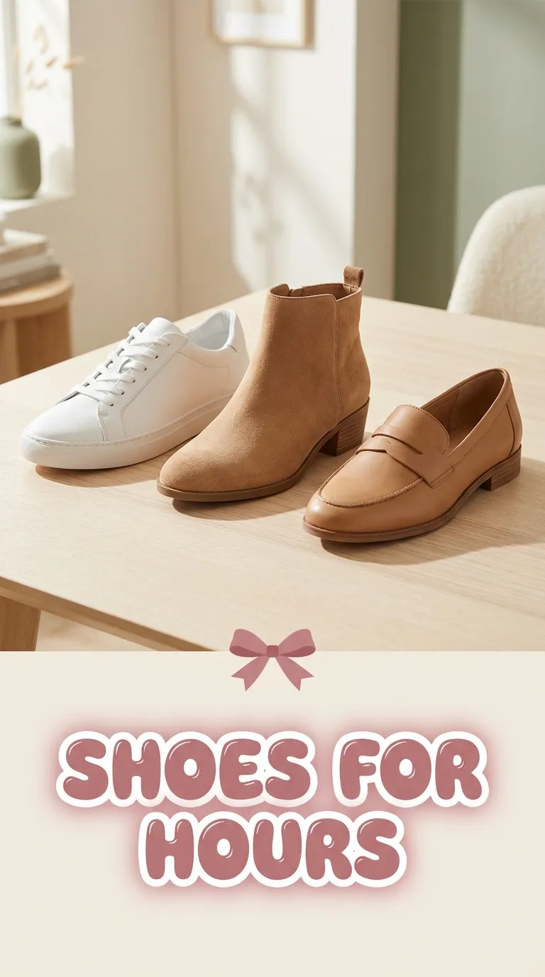 A row of three comfortable shoe options lined up on a pale wood tabletop