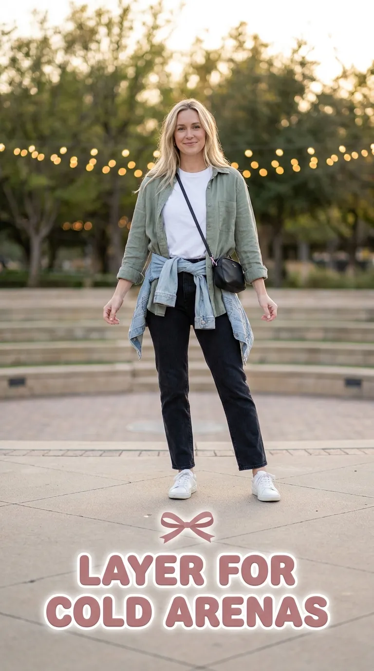 A concert outfit built from a fitted tee, an open overshirt, and a light jacket with dark jeans and sneakers