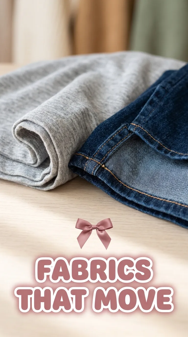 A soft knit and a stretch denim weave side by side on a pale wood surface