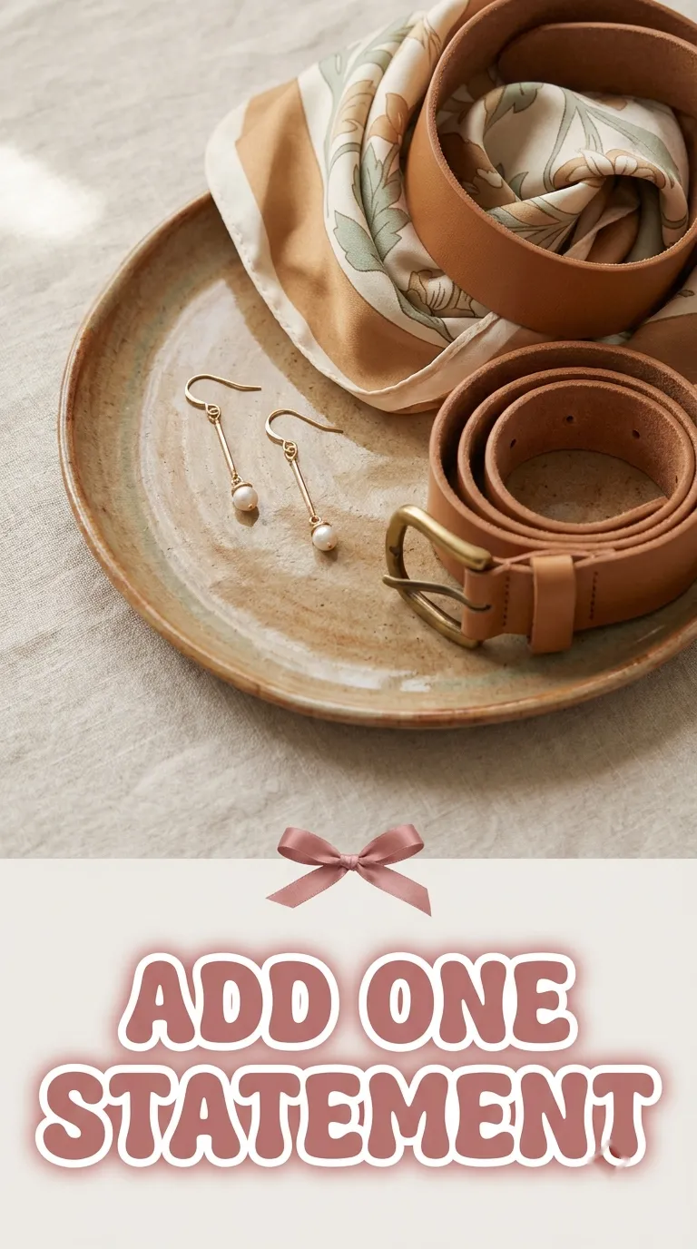 An overhead flat lay of drop earrings, a printed scarf, and a wide belt arranged on a ceramic tray on light linen