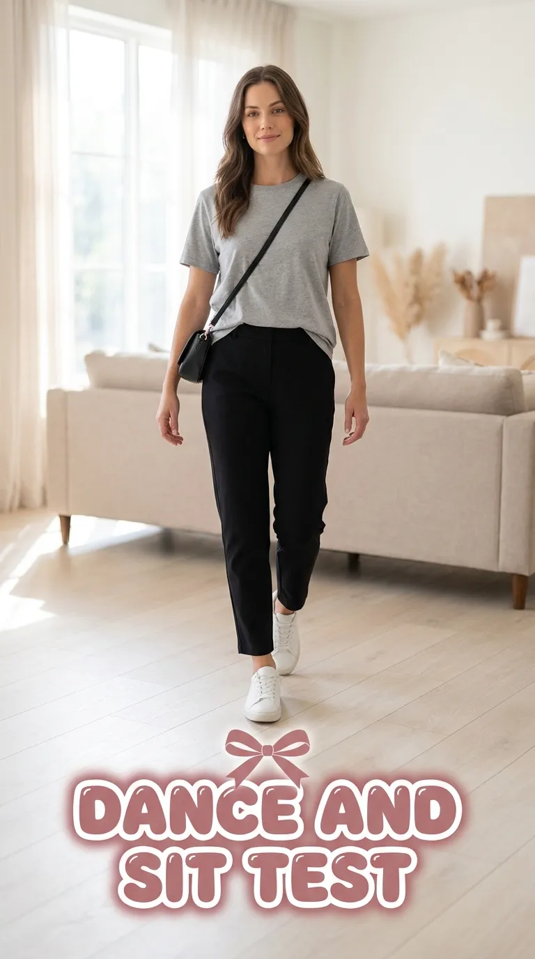 A woman mid-step in a soft tee, easy-fit pants, and white sneakers
