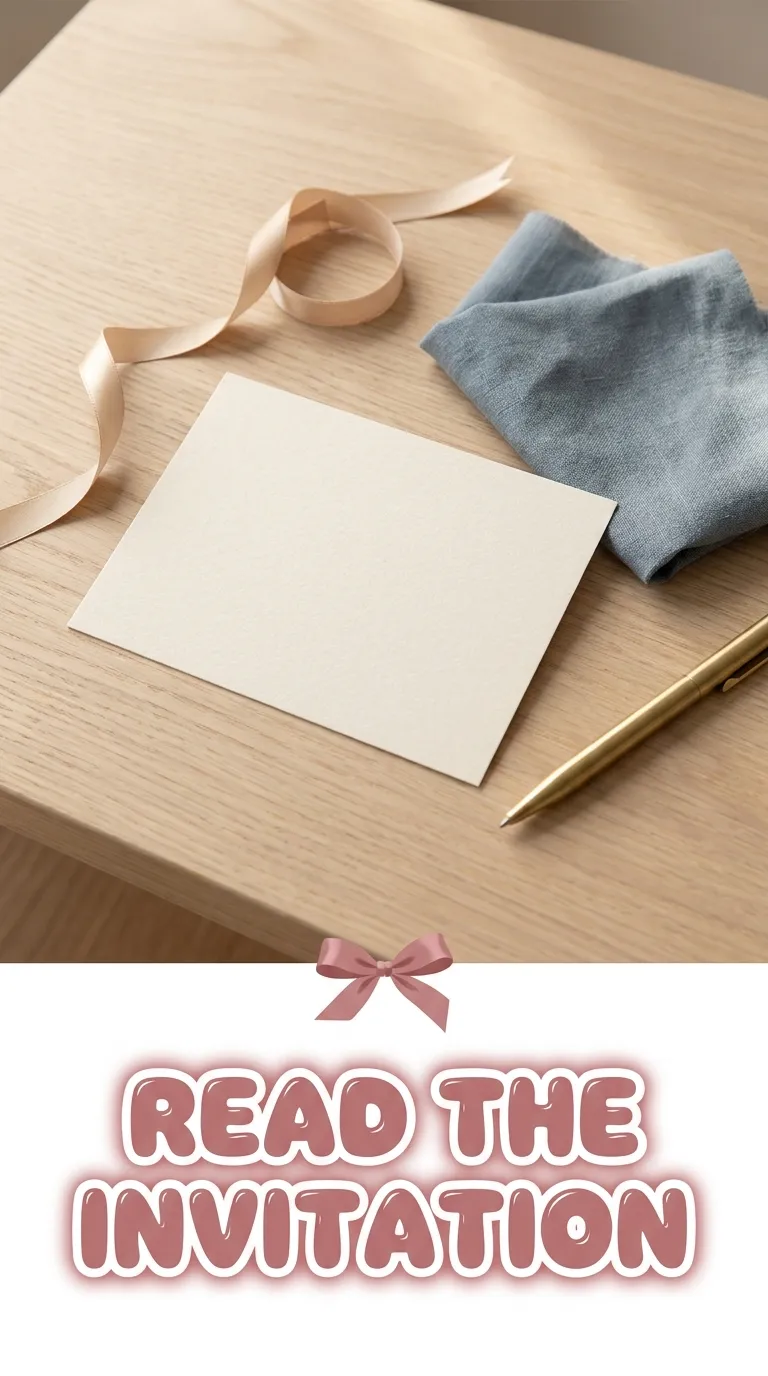 Cream invitation card, ribbon, and a fabric swatch on a pale wood table