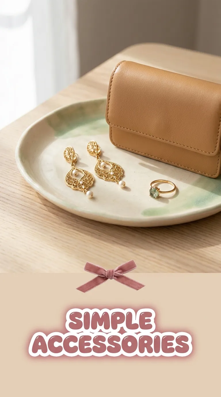 Ceramic tray with drop earrings, a small clutch, and a ring on a pale wood table