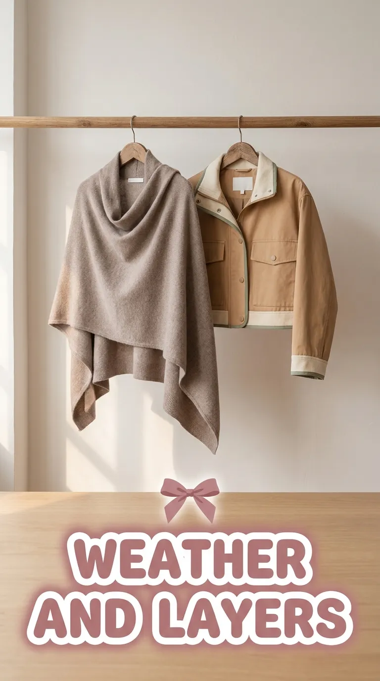 Wrap and light jacket hanging on a wooden hanger against a plain wall