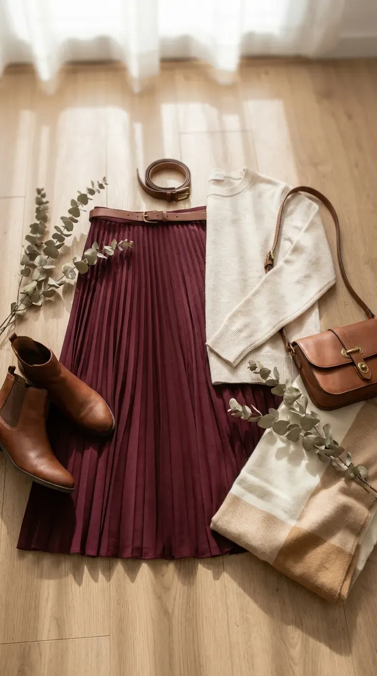 Flat lay of a burgundy midi skirt with a cream knit sweater, brown ankle boots and a leather bag