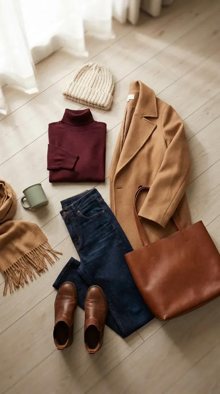 Flat lay of a burgundy turtleneck, camel wool coat, dark jeans and brown leather ankle boots