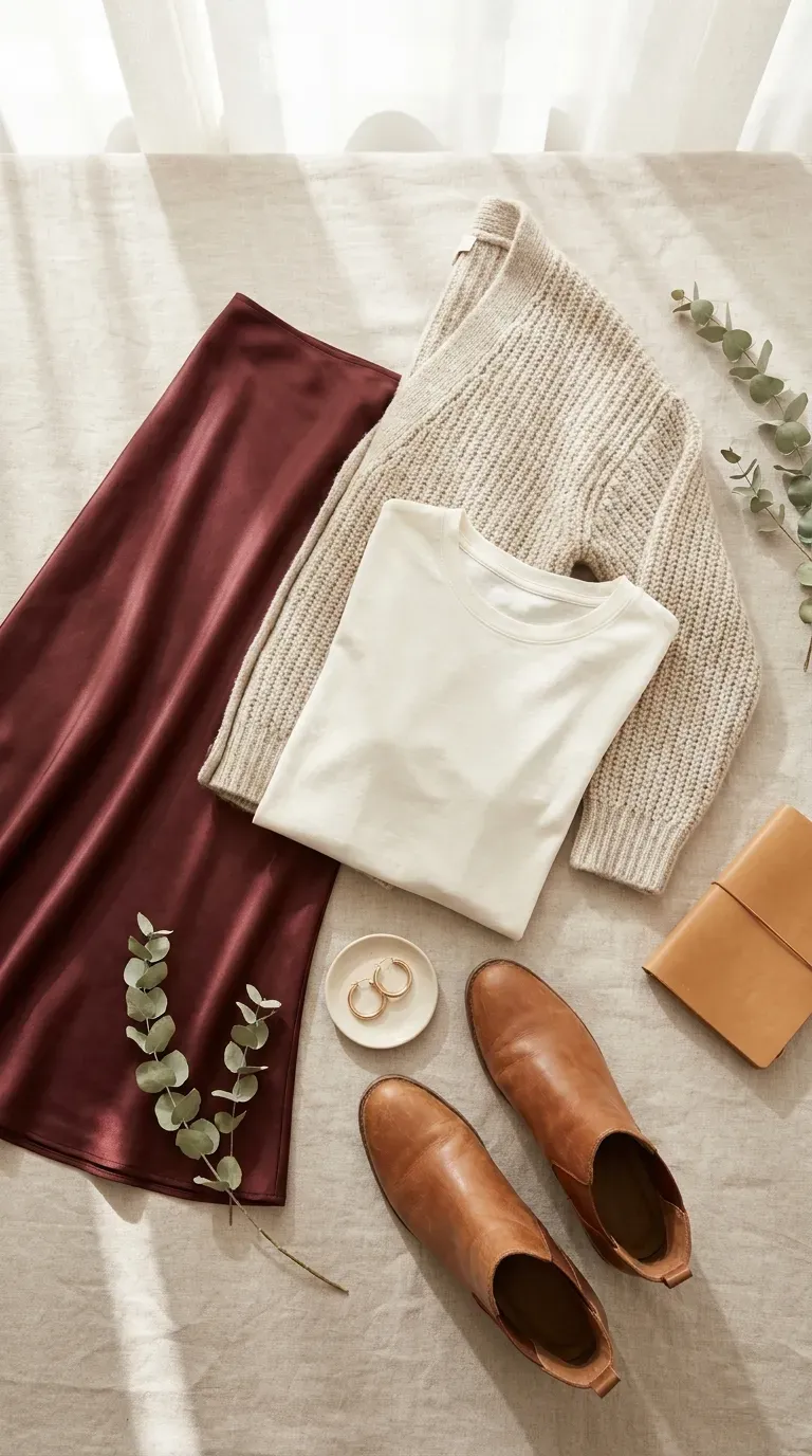 Flat lay of a burgundy satin slip skirt, oatmeal chunky cardigan, ivory tee and tan ankle boots