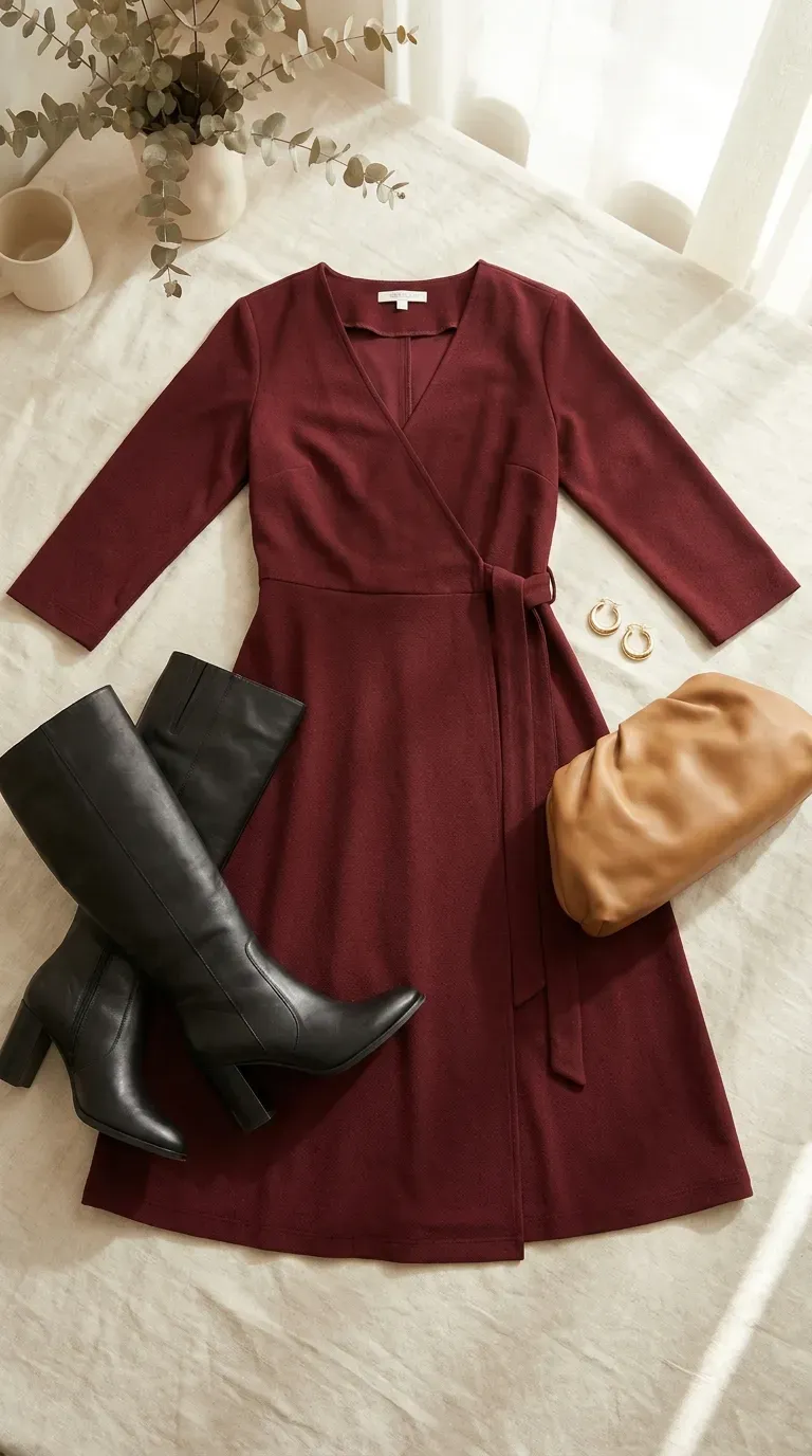 Flat lay of a burgundy wrap dress, black knee-high boots, a camel clutch and gold earrings