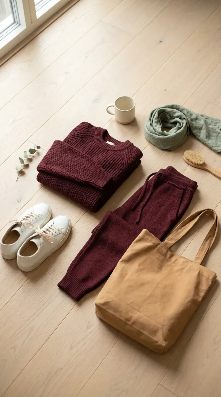 Flat lay of a burgundy knit sweater and matching pants set with white leather sneakers and a canvas tote
