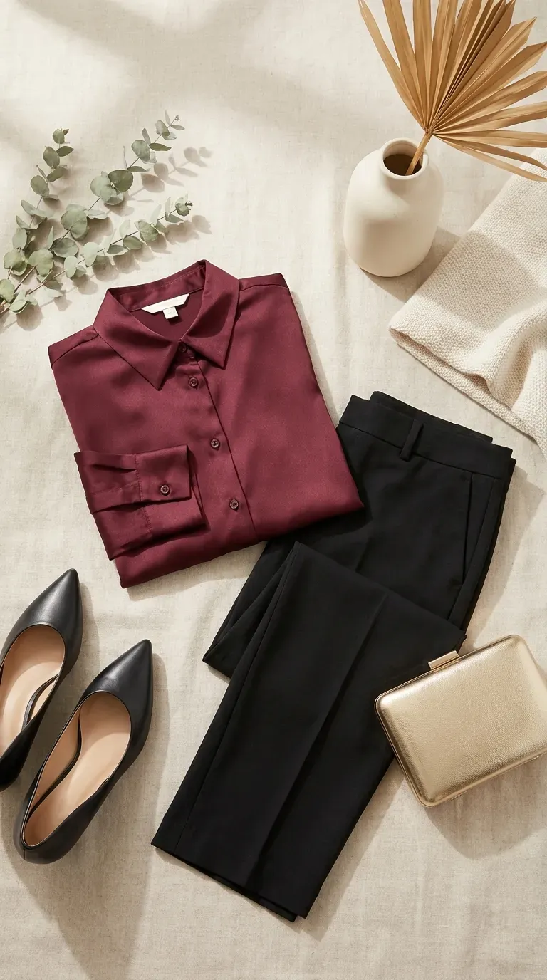 Flat lay of a burgundy satin blouse, black tailored trousers, black pointed pumps and a small gold clutch