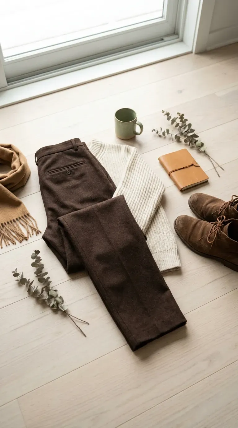 Chocolate brown trousers, cream knit sweater, and suede ankle boots arranged as a fall outfit