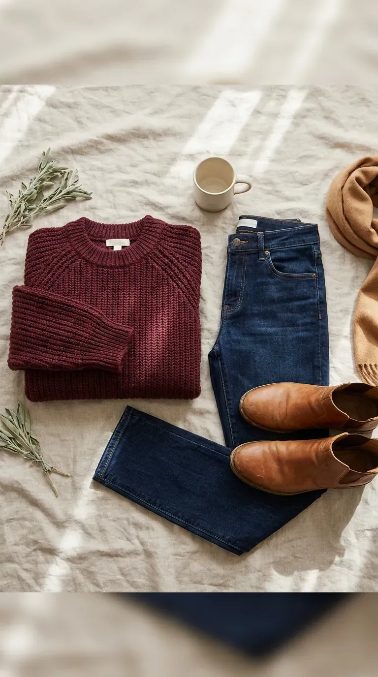 Burgundy sweater, dark straight-leg jeans, and tan ankle boots laid out as a casual fall outfit