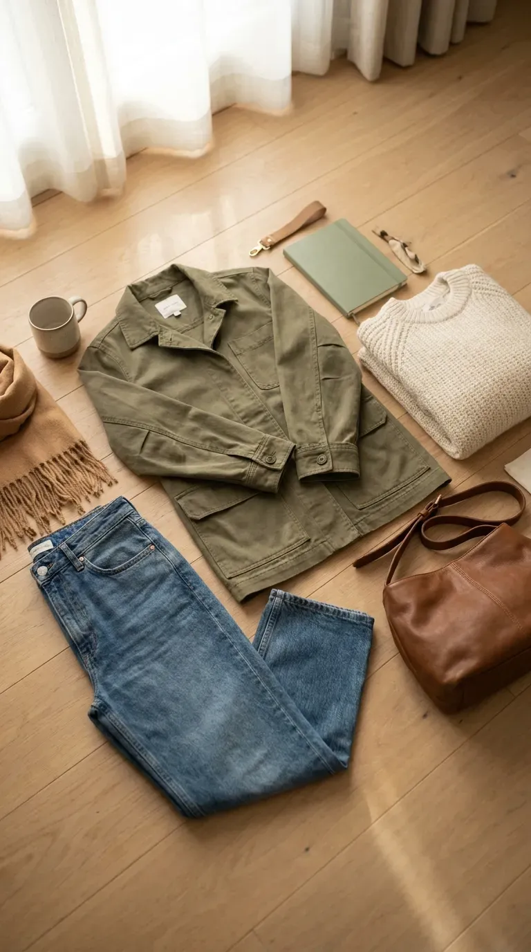 Olive utility jacket, cream sweater, straight-leg jeans, and a brown leather bag arranged as a fall outfit