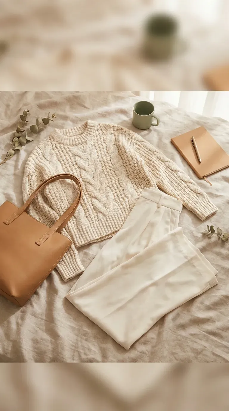 Cream cable-knit sweater, ivory wide-leg trousers, and a tan leather bag arranged on a light surface