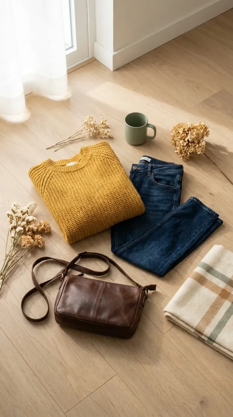 Mustard knit sweater, dark denim, and a chocolate brown leather bag arranged on a light wood floor