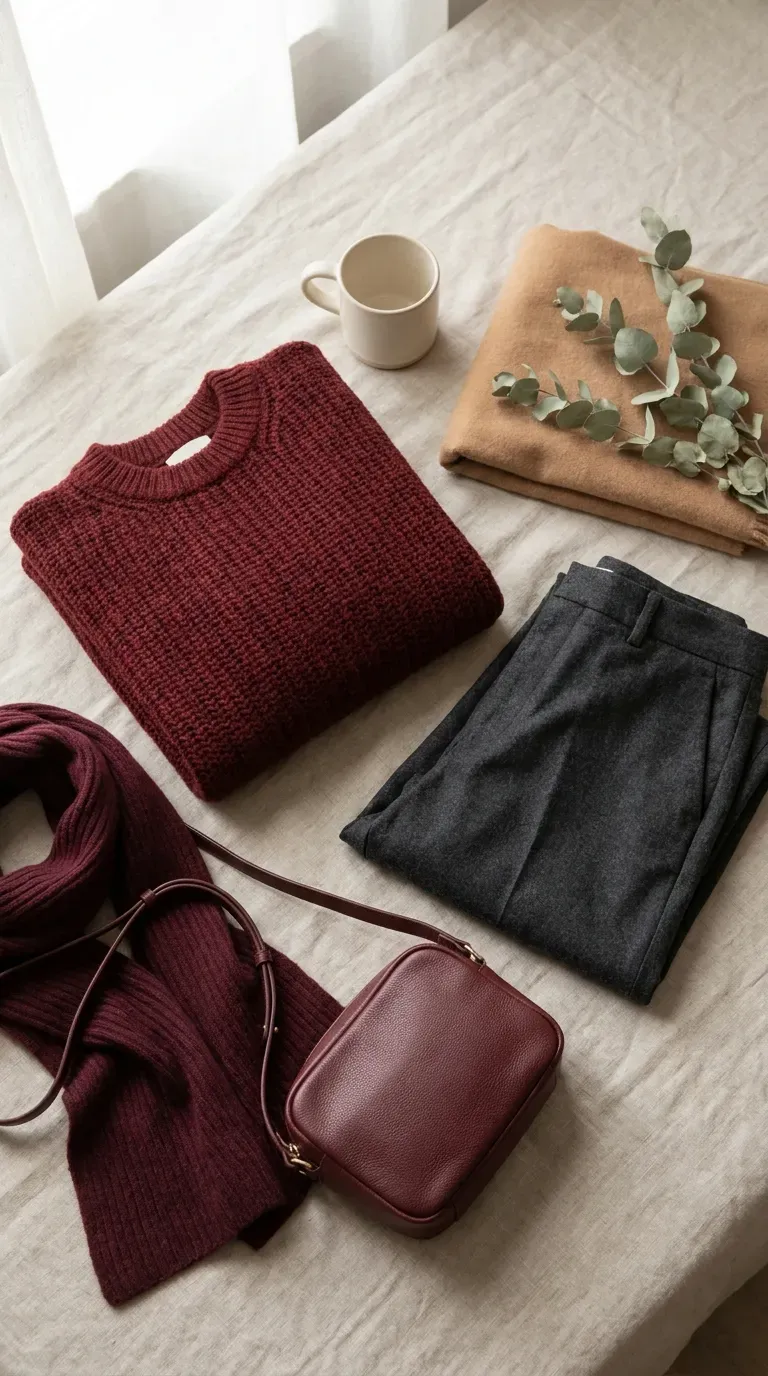 An oxblood knit sweater, gray trousers, and a burgundy leather bag laid flat on a linen surface
