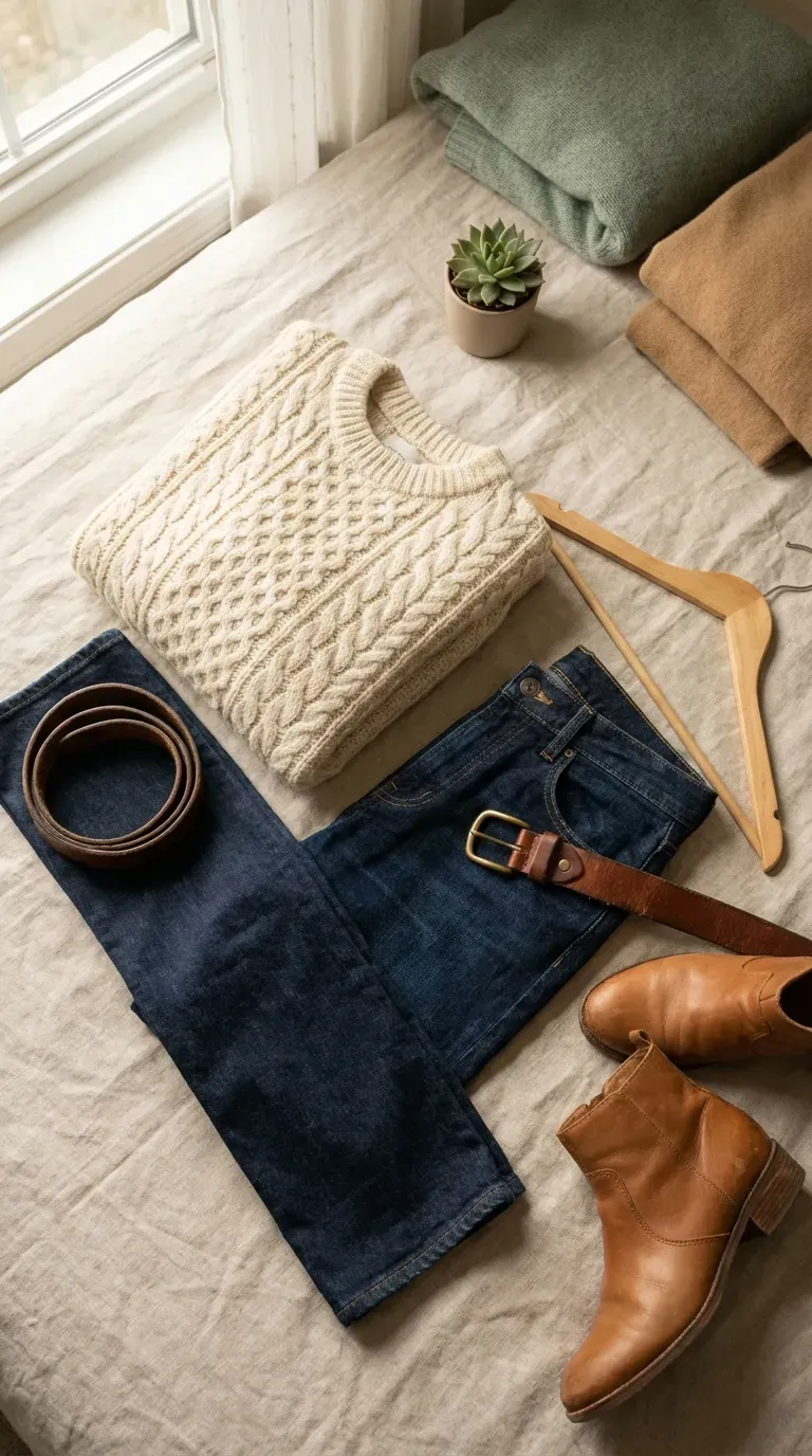 A cream cable-knit sweater laid flat beside straight jeans, a leather belt, and ankle boots