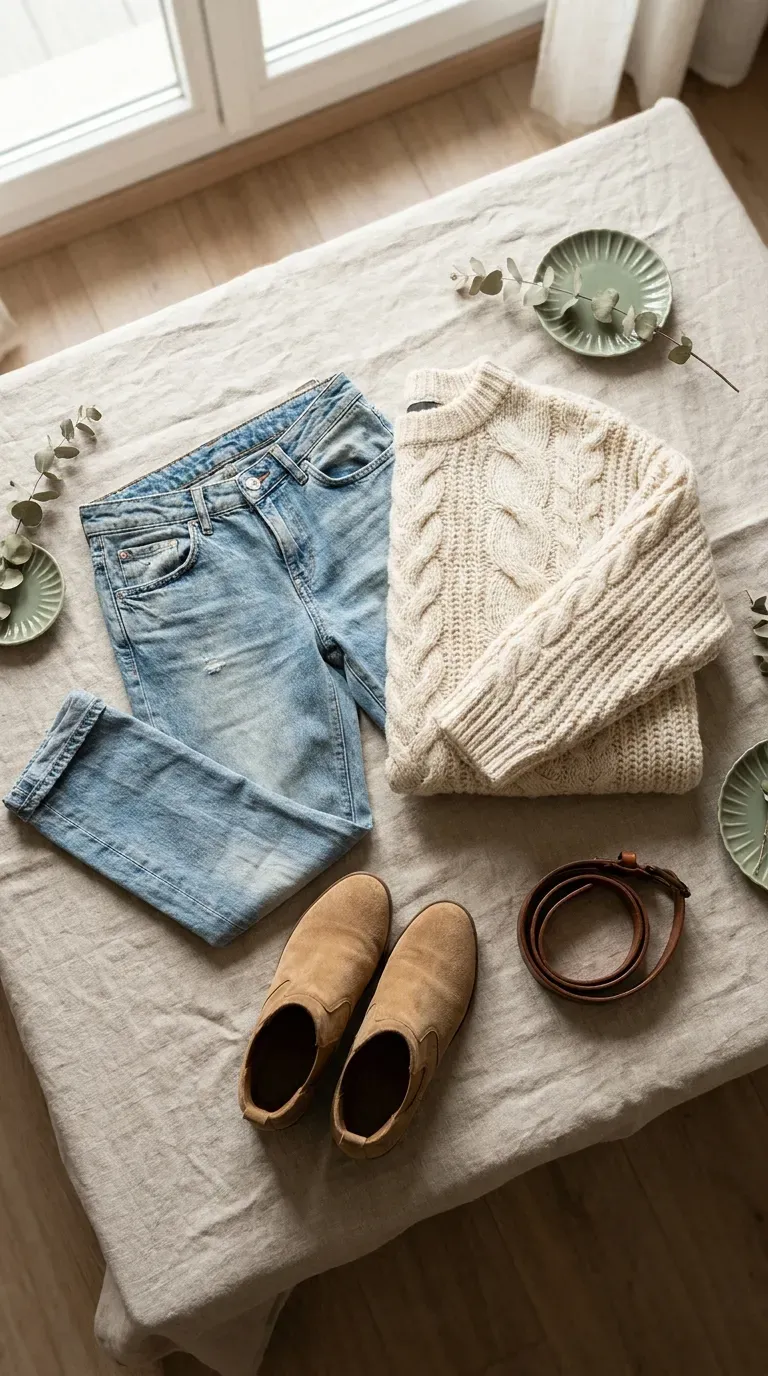 Low-rise jeans styled with a fitted knit and ankle boots on a linen surface