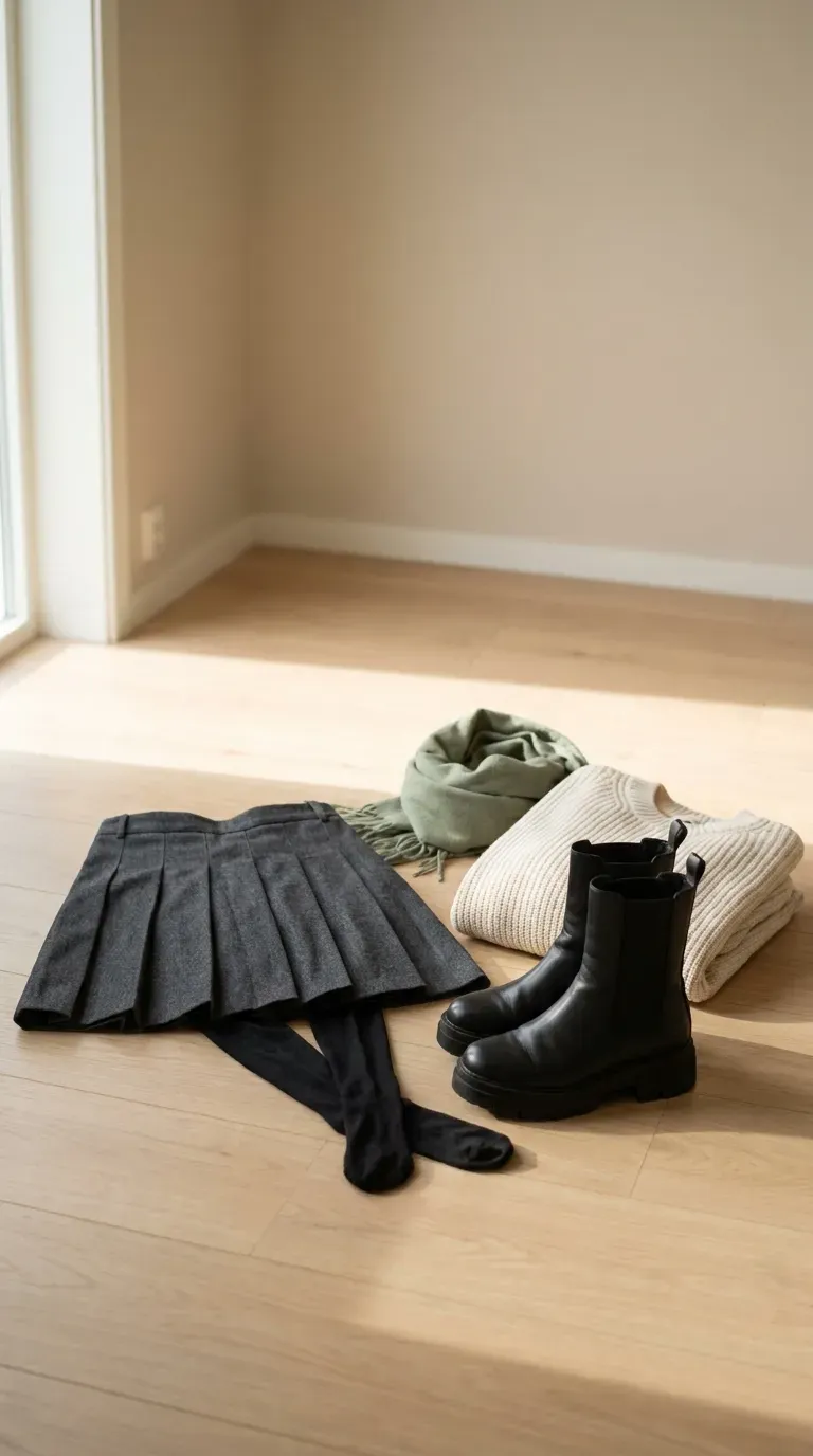 Pleated mini skirt, black tights and lug-sole boots arranged on a light wood floor