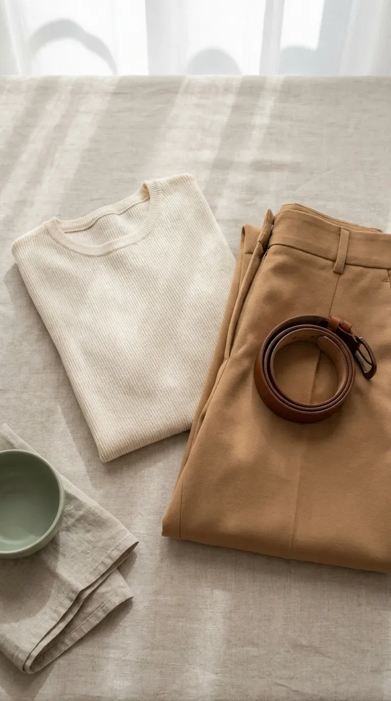 Cropped knit top next to high-waisted trousers and a leather belt on a linen surface