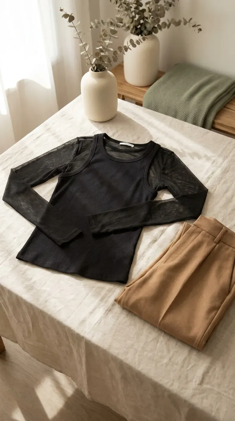 Black mesh long-sleeve top over a fitted tank, with tailored trousers on a linen surface