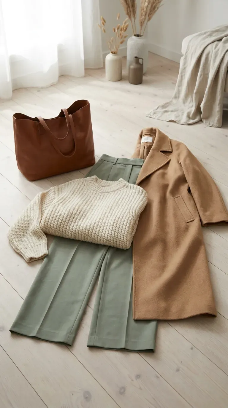 Oversized chunky knit, wide-leg trousers and a long camel coat arranged on a light wood floor
