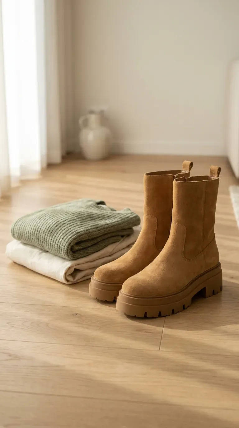 Chunky platform boots on a light wood floor beside wide-leg trousers and a knit