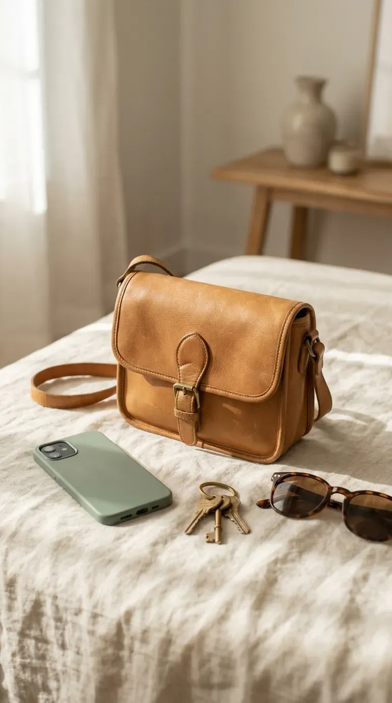 Tiny leather shoulder bag beside a phone, keys and sunglasses on a linen surface