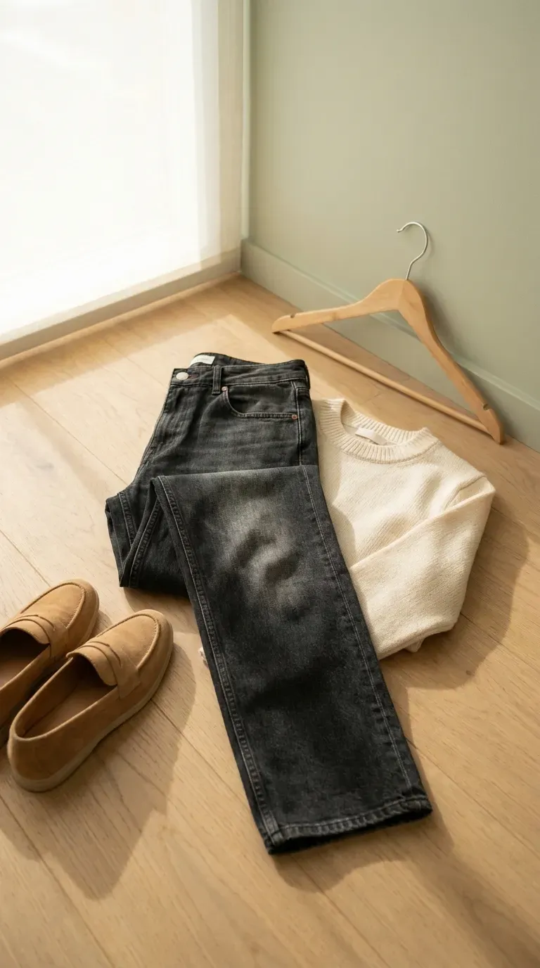 Dark straight-leg jeans with subtle fading, a cream sweater and loafers on a light wood floor