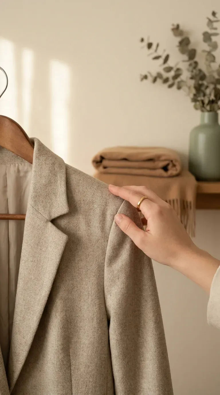 Tailored oatmeal wool-blend blazer hanging on a wooden hanger against a cream wall