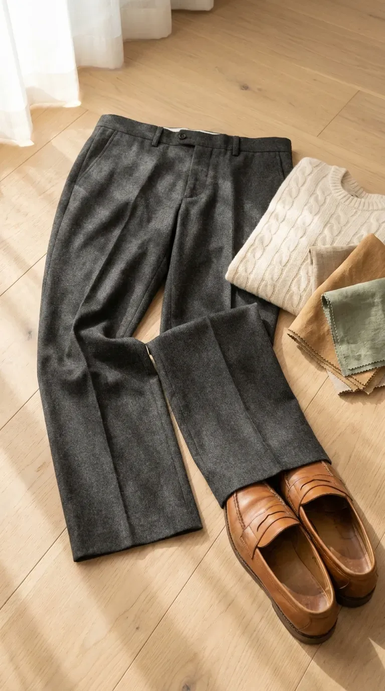 Charcoal straight-leg wool trousers folded over a wooden chair next to a cream knit