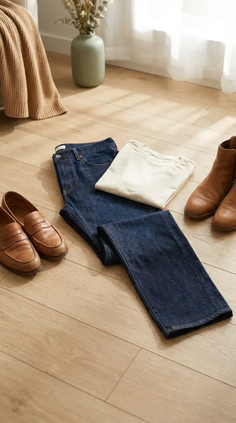 Dark indigo straight-leg jeans folded on a light wood floor beside tan leather loafers