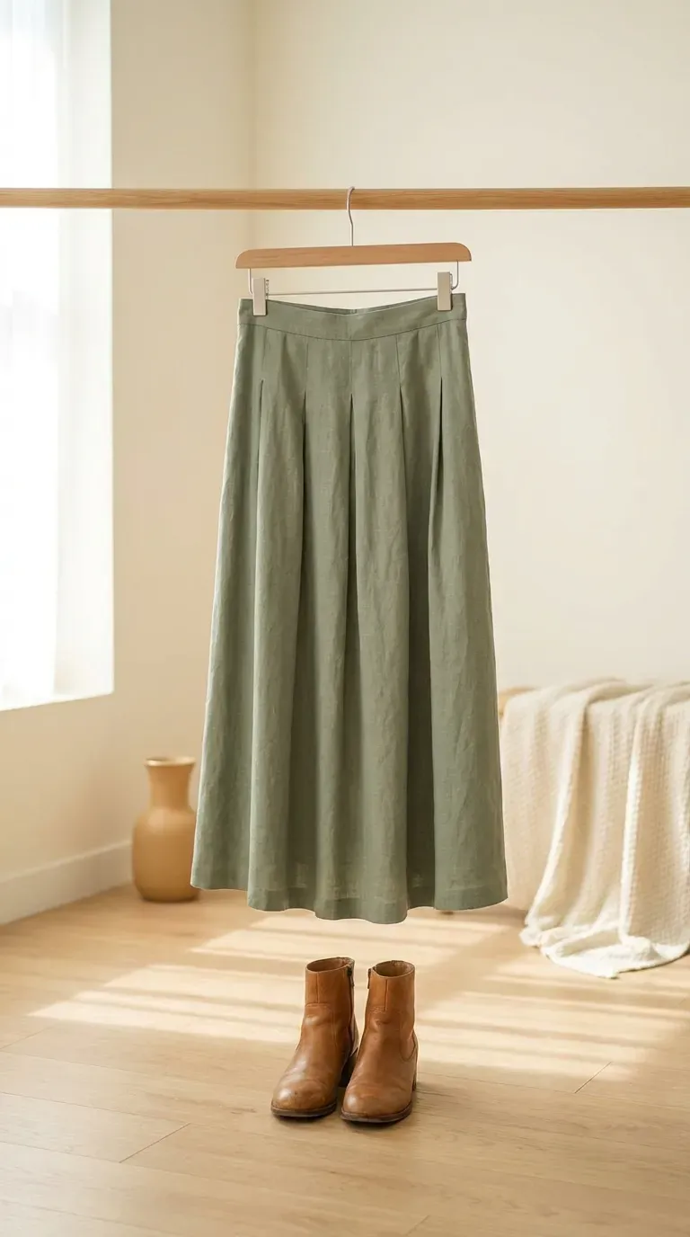 Sage green pleated midi skirt draped over a wooden chair beside tan ankle boots
