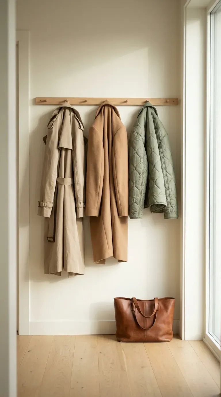 Beige trench coat hanging on a wooden coat rack next to a leather tote bag