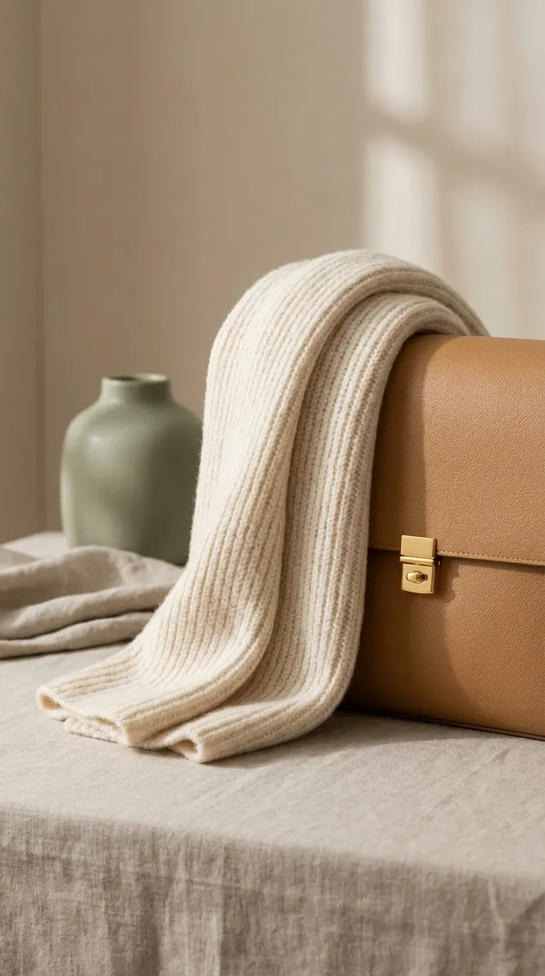 Cream wool scarf folded over a structured camel leather bag on a linen surface